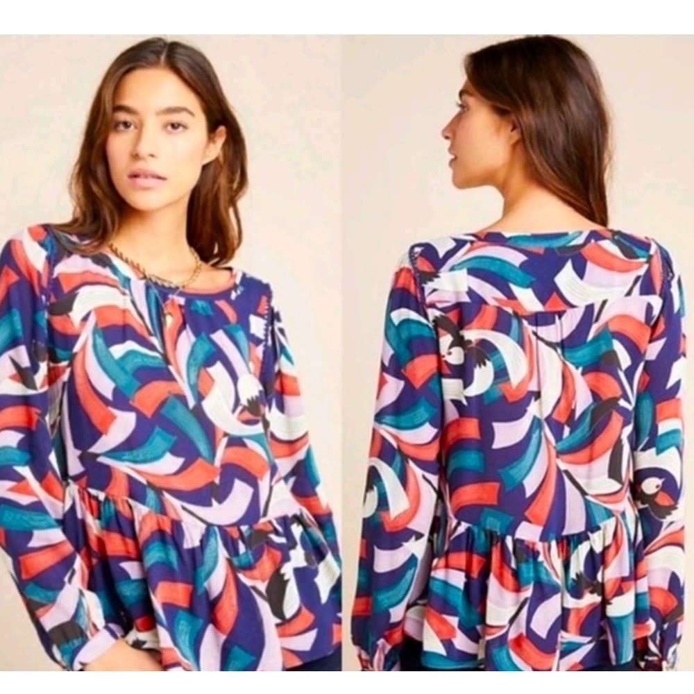 Maeve Anthropologie Peasant Blouse Abstract Print Long Sleeve Viscose Size Small